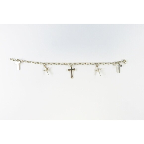Christian Cross Cable Chain Charm Bracelet in Sterling Silver 7" Spring Ring - Picture 1 of 10